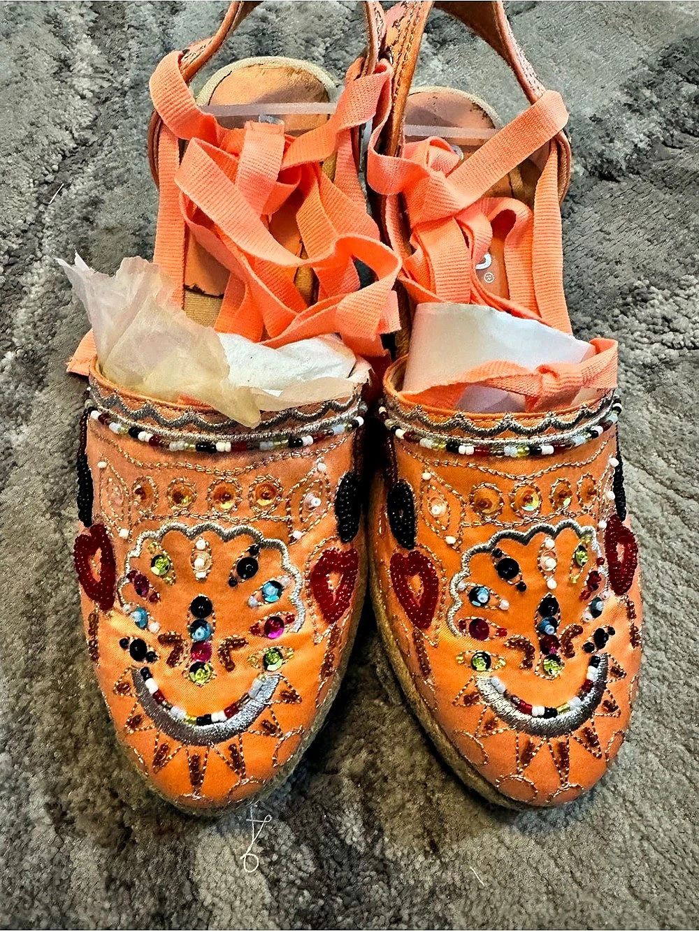Coral Rhinestone Ankle-Tie Wedge Espadrille Espadrilles in Coral Size 7
